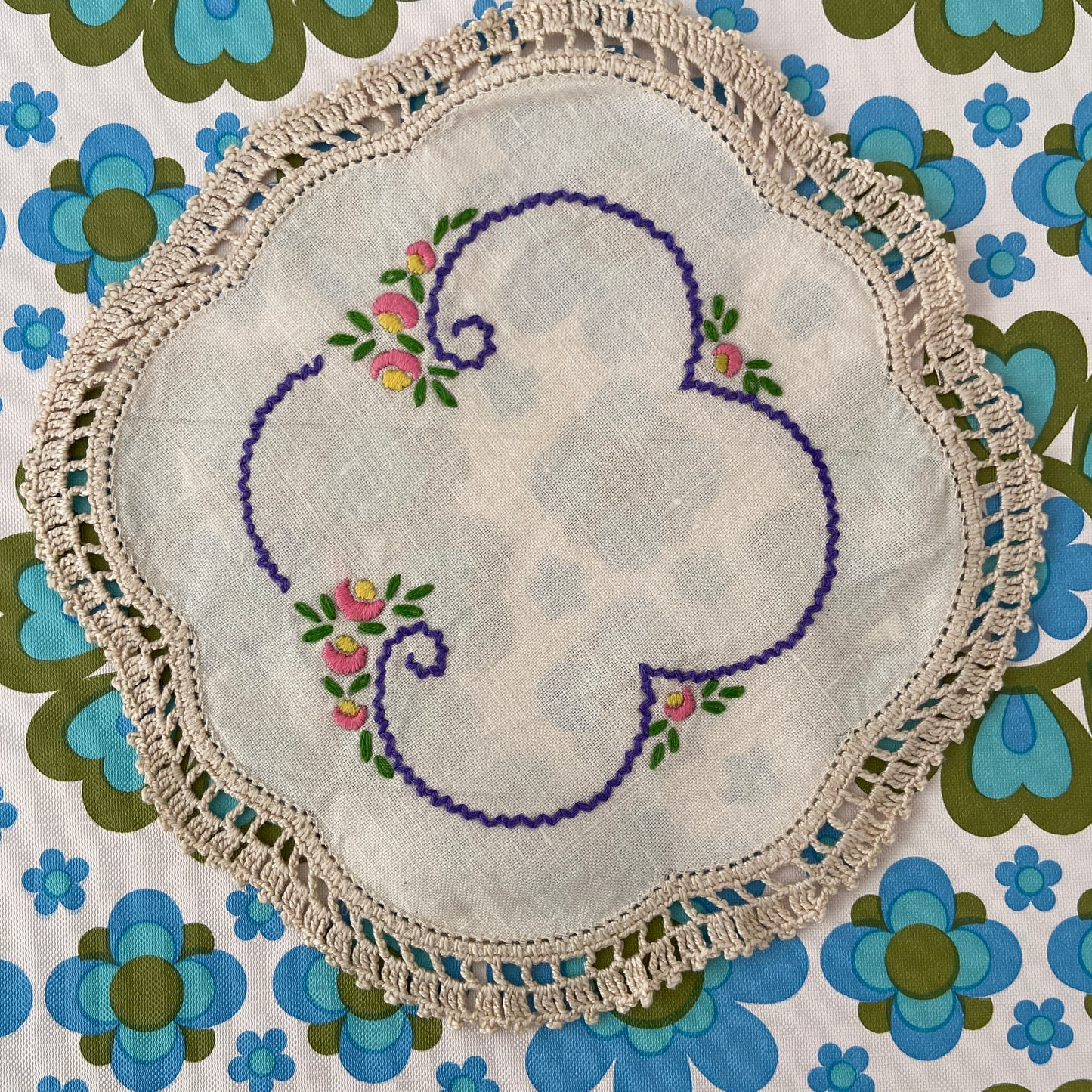 Vintage Crocheted & Embroidered Floral Doily ADORABLE Cute Sweet