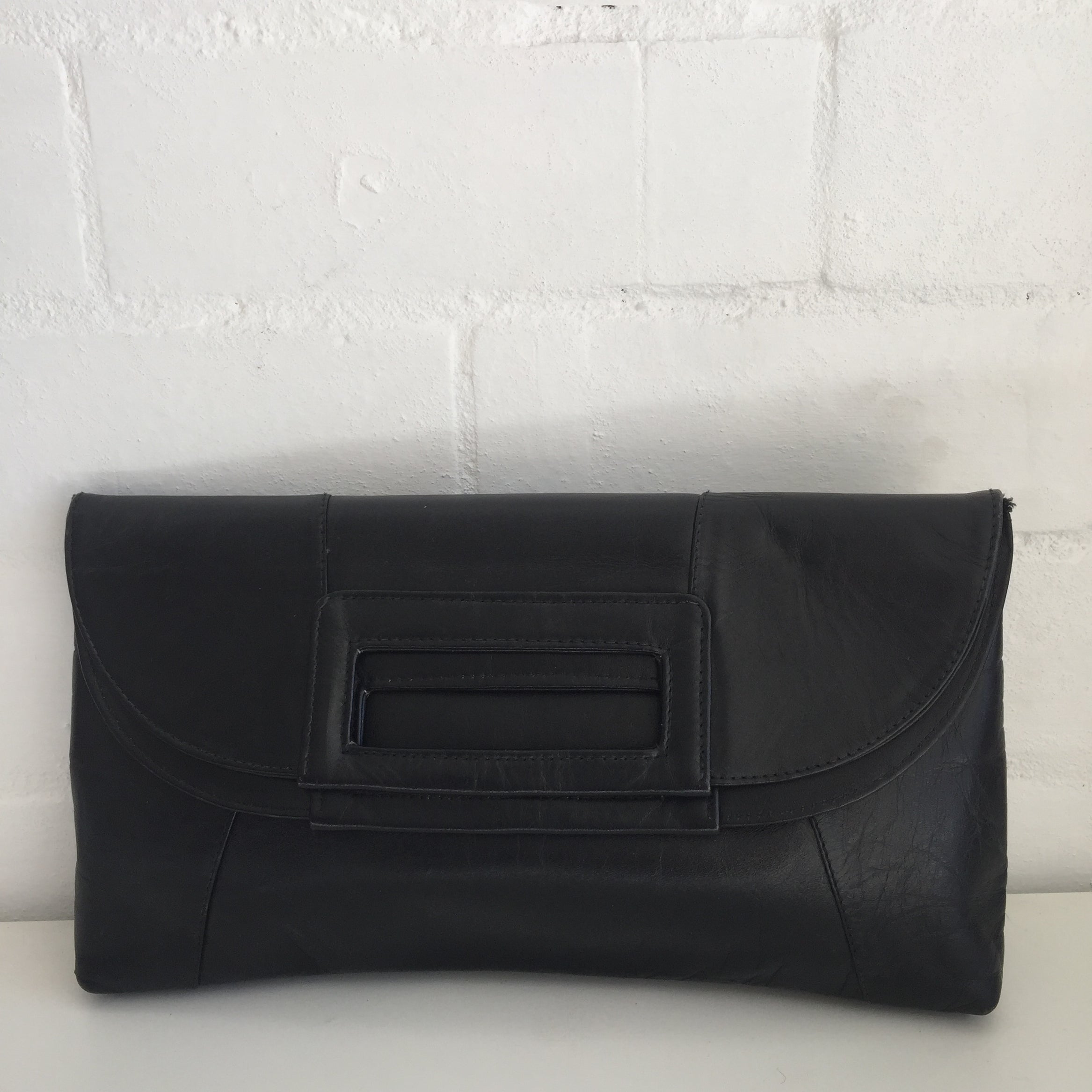 GENUINE LEATHER 80'S Clutch Handbag Black