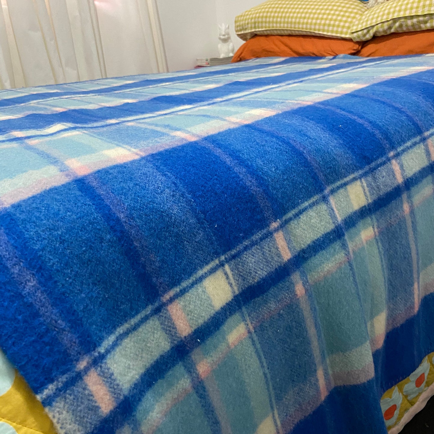 Blue Checked Vintage Blanket WAVERLEY Pure Wool Clean