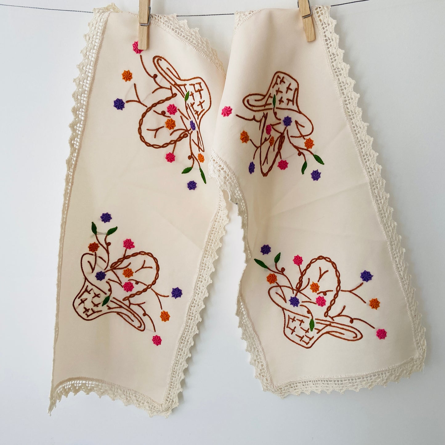 Pair of Embroidered Doilies Vintage Granny Decor