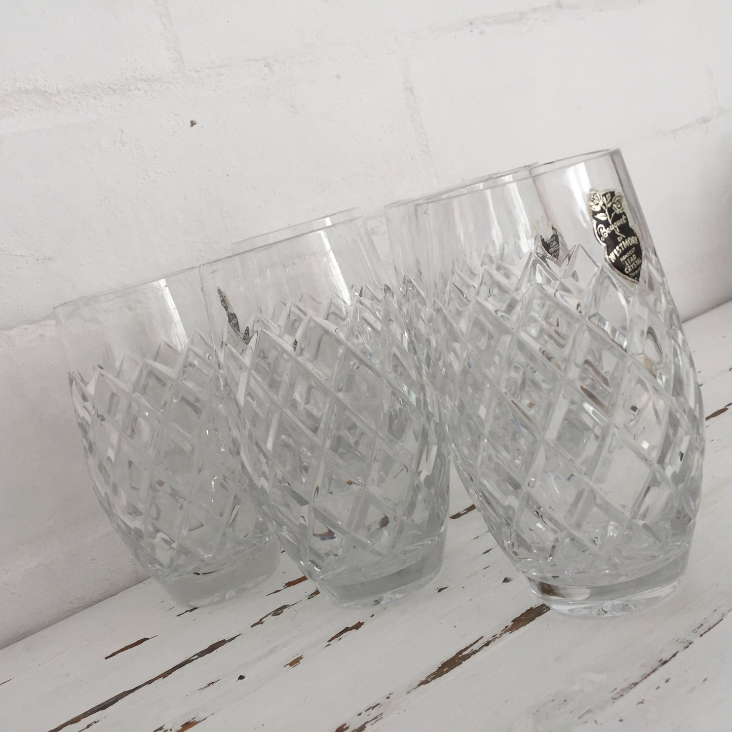 BOUQUET by Westmore Handcut Lead Crystal Tall Tumbler Glasses Diamond Pattern