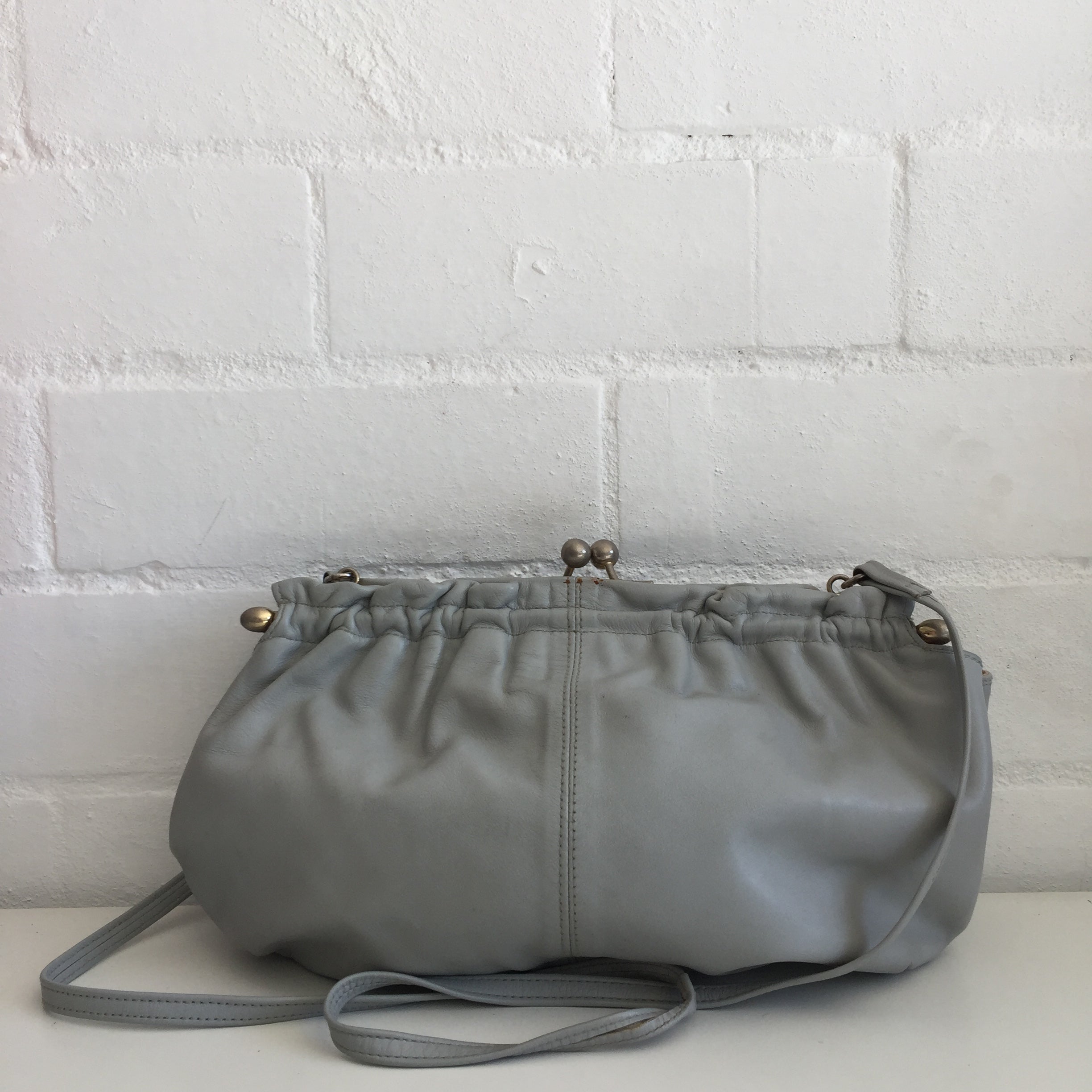 VINTAGE GREY Genuine LEATHER Handbag 80's Bag Club Cocktail