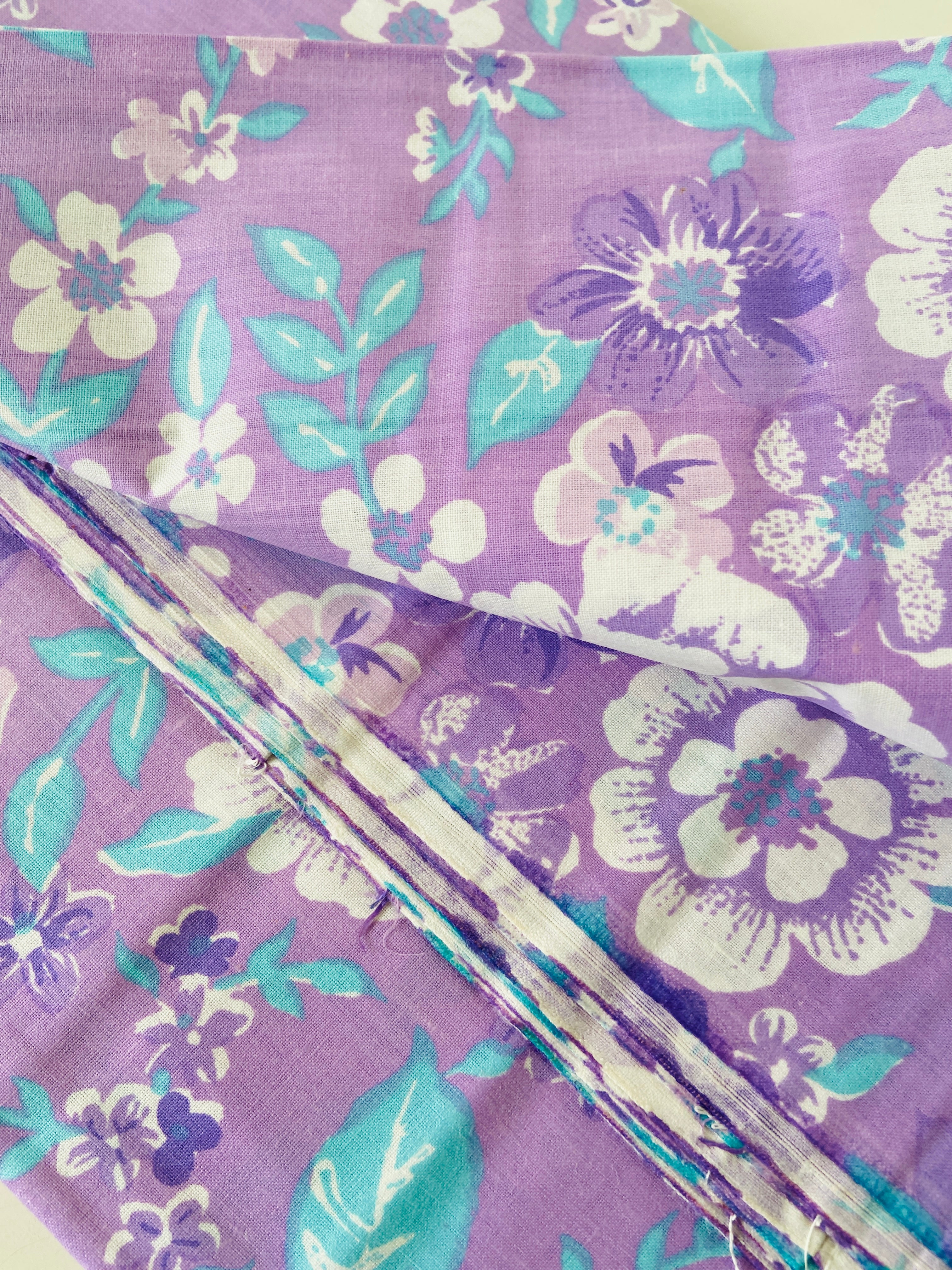 Cotton UNUSED Vintage Purple Floral Sheet Fabric