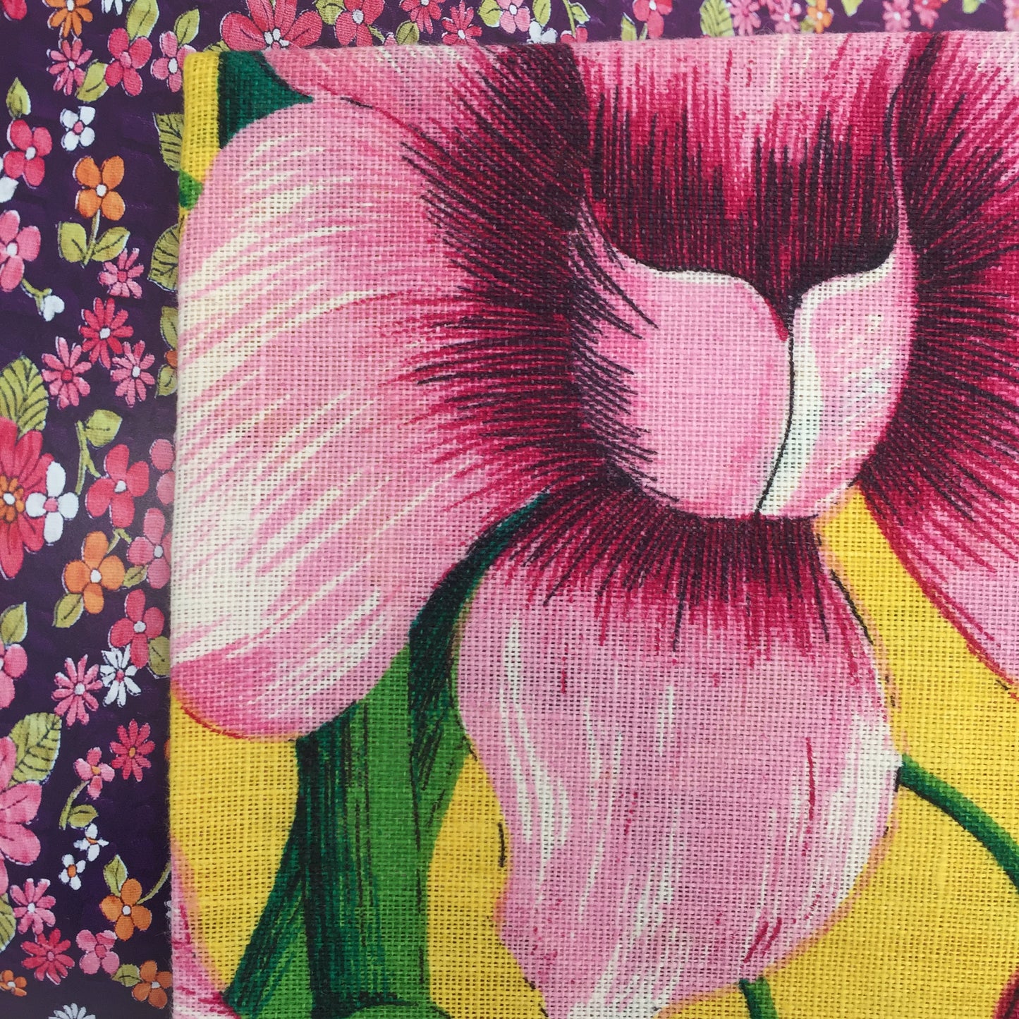 PURE Linen Unused Tea Towel Orchid Floral PRINT Fabric Vintage