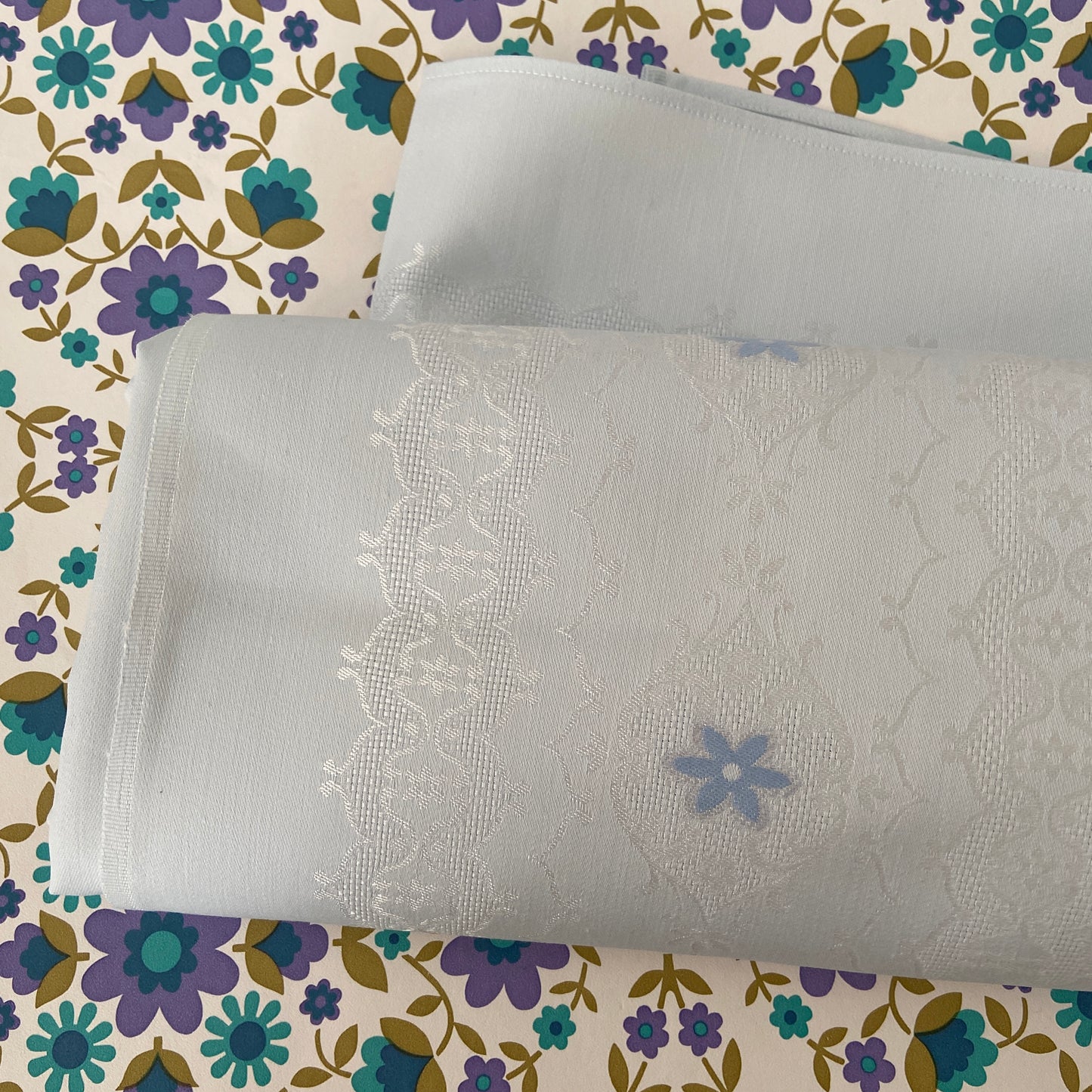 Light Blue Vintage Cotton LARGE Floral Table Cloth
