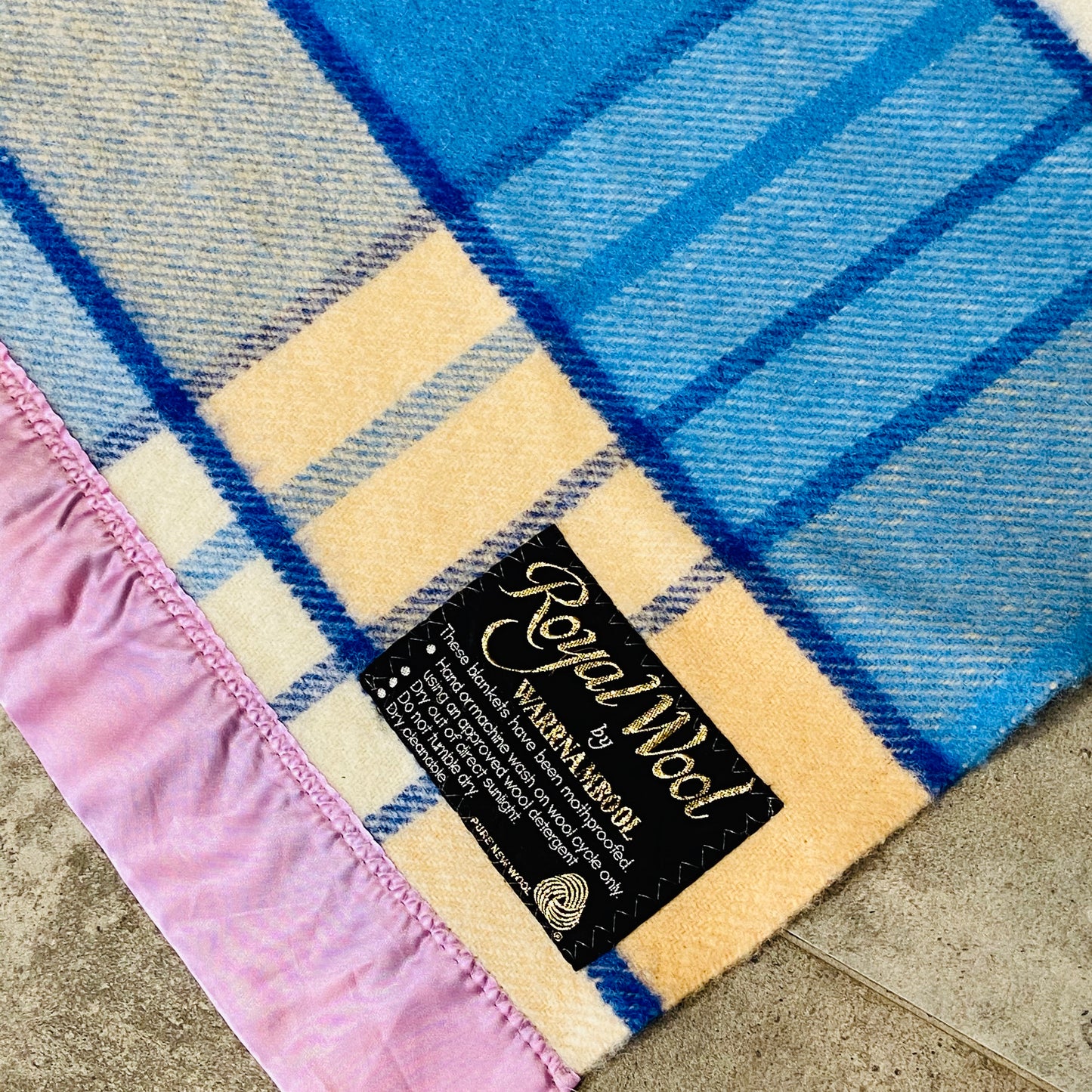 Royal Wool Warrnambool Blue Checked Vintage Blanket PERFECT Cond