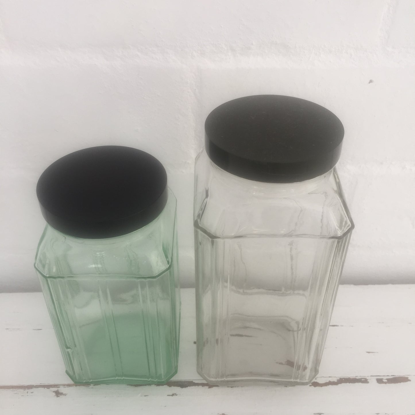 Art Deco Glass Jars Black Lid LOVELY Pair One Green Lolly
