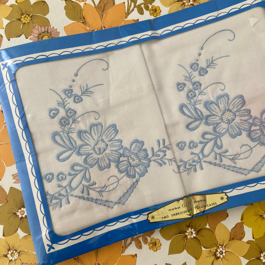 PAIR Blue & White Embroidered Pillow Cases
