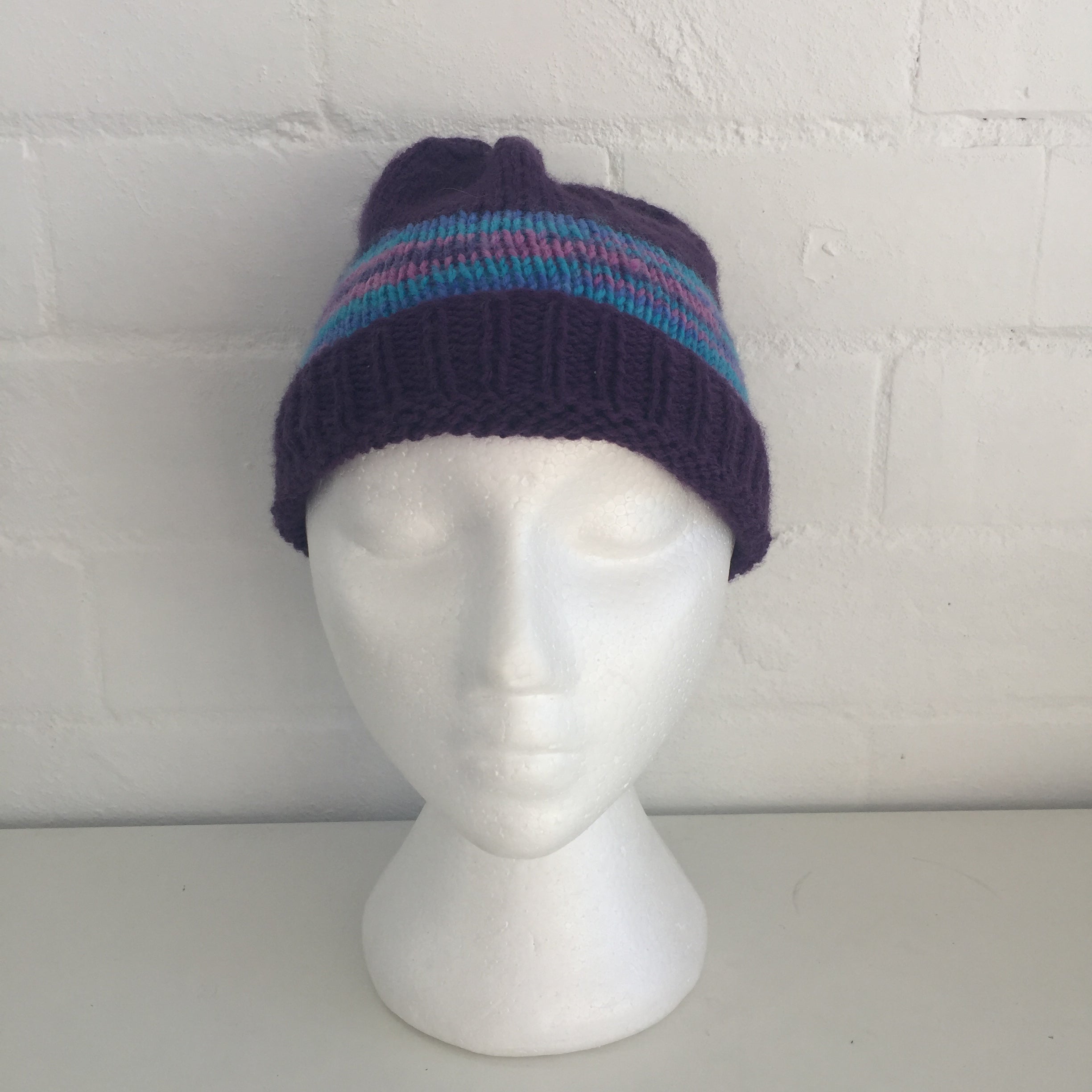 HANDMADE Purple Stripes Market Footy Knitted BEANIE Winter ADORABLE Unused