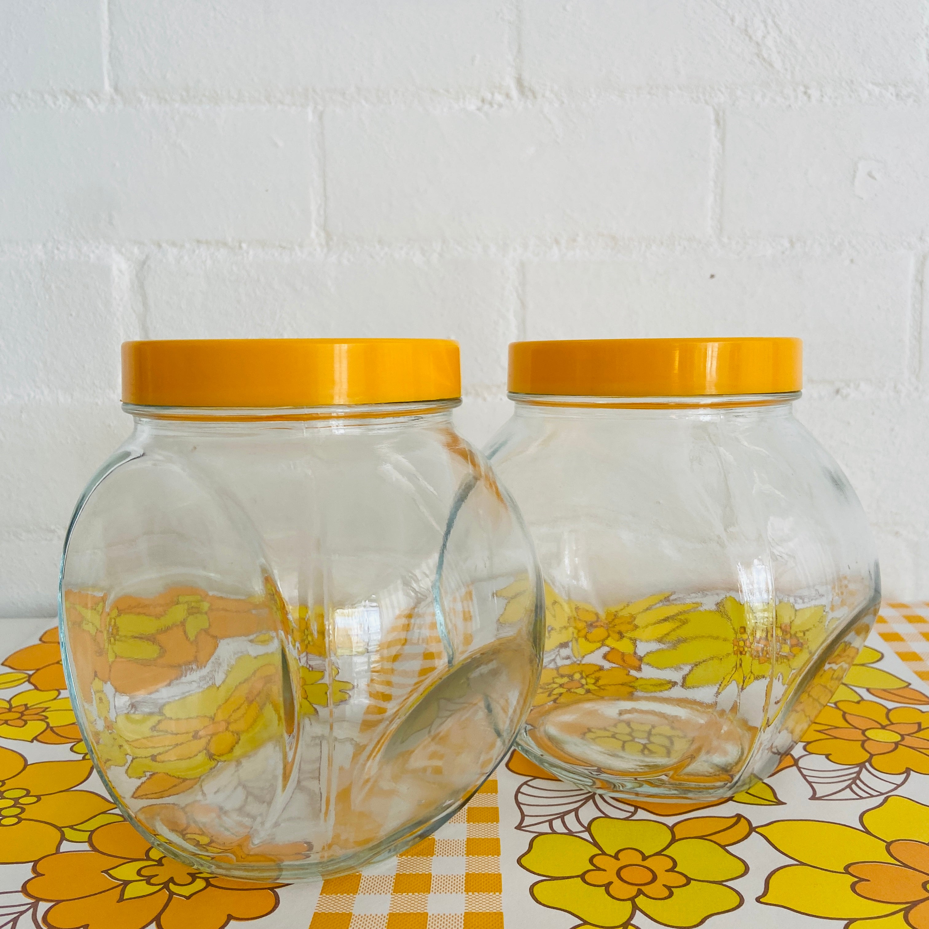 Awesome Yellow Glass Jars Plastic LIDS Cool Retro Kitchen