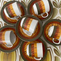 Set of SIX Galaxy Retro Stoneware Cups Saucer VINTAGE